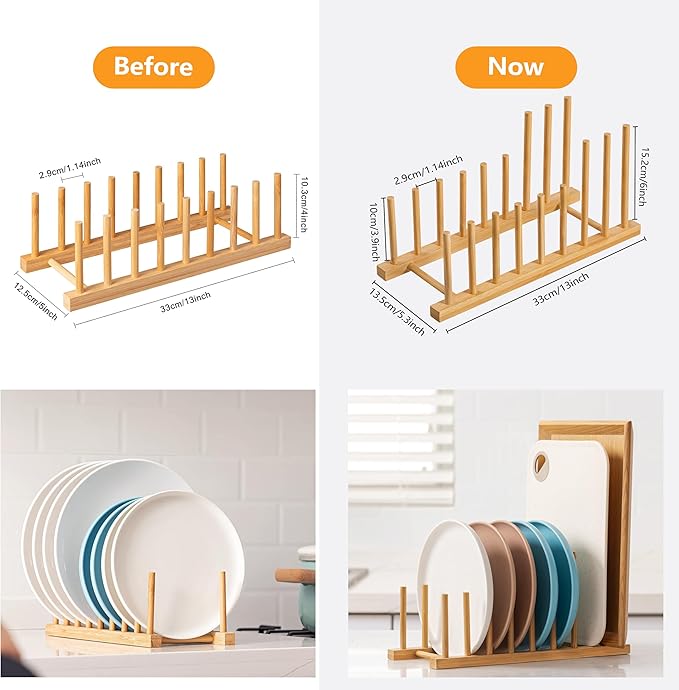 HBlife 4pcs Heighten and Widen Bamboo Dish Drying Rack Plate Bowl Cup Book Pot Lid Cutting Board Stand Drainer Storage Holder Organizer for Kitchen Cabinet