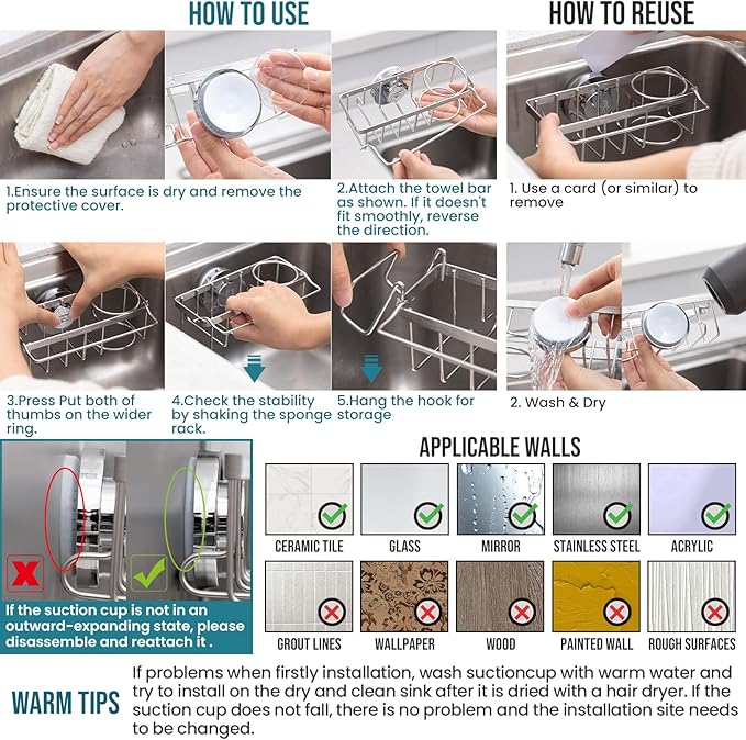 TAILI Sponge Holder with Strong Suction Cup, 4-in-1 Rustproof Sink Organizer - Sink Caddy Holds Sponges, Brushes, Stoppers & Scrapers -Silver