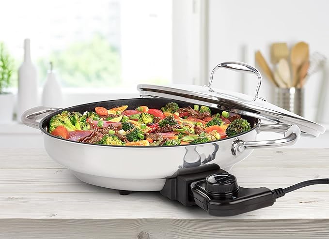 Electric Skillet By CucinaPro- 18/10 Stainless Steel, Frying Pan w Non Stick Interior, Tempered Glass Lid w Handles, 12" Round, Temperature Control Probe for Adjustable Heat Settings, Portable, Gift