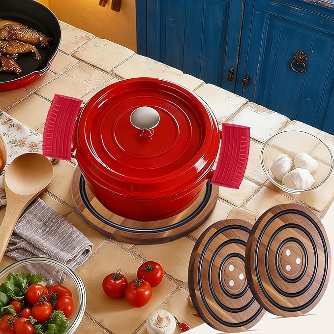 2 PCS Magnetic Wooden Trivets for Hot Pots and Pans with 4 Silicone Pot Handle Covers, Heat Resistant Acacia Wood Trivet for Dutch Ovens Hot Pots&Pans Cast Iron Skillet, for Mom Grandma