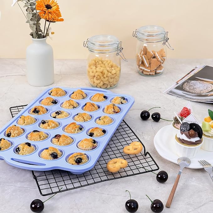Mini Silicone Muffin Pan with Metal Frame, Non Stick Silicone Cupcake Pan with Handles 24 Cup, BPA Free Silicon Muffin Tin Tray Small for baking, egg bites, Cupcake Mold Blue