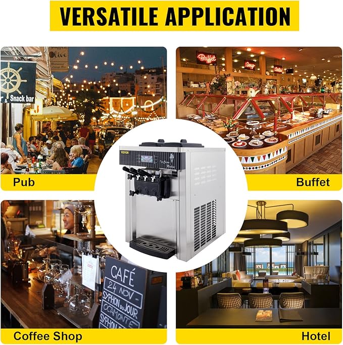 VEVOR Commercial Ice Cream Machine 5.3 to 7.4Gal per Hour Soft Serve with LED Display Auto Clean 3 Flavors Perfect for Restaurants Snack Bar, 2200W, Sliver