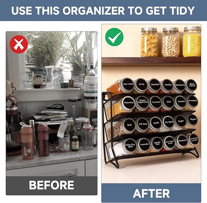DIDITIME Spice Rack Organizer – 24 Glass Jars, 60 Labels & Marker, Space-Saving Kitchen Countertop, Cabinet & Wall Rack