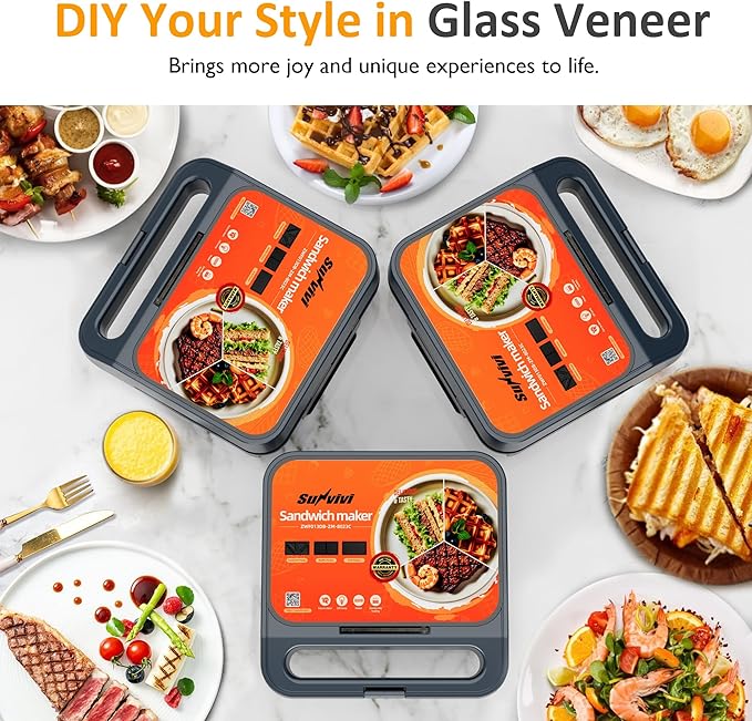 Sunvivi 3 in 1 Sandwich Maker, Electric Waffle Maker with Removable Non-stick Plates, 1000W Panini Press Grill with Glass Top, Cool Touch Handle & Easy to Clean, Blue