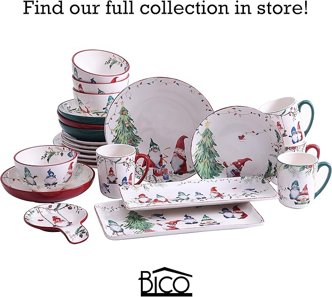 Bico Christmas Gnomes Pasta Bowls, 35oz Salad Bowl Set of 4, Large Ceramic Serving Dinner Bowls for Soup and Cereal, Microwave and Dishwasher Safe, Gift for Housewarming and Thanksgiving