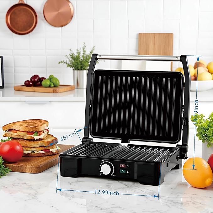 Panini Press,Sandwich Press Grill,180 Degree Open,Perfect for Grilling Sandwich,Steak,Burger,Non-Stick Grill,Table Grill,Stainless Steel,Temperature Adjustable,4 Slice,Barbecue,GT49A