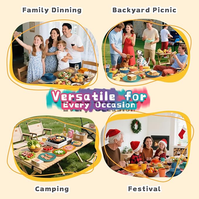 Wheat Straw Dinnerware Sets, Unbreakable Plates and Bowls Sets of 16, Kids Dinnerware Set Sevice for 4, Dishwasher & Microwave Safe Dish Set for Kitchen, Outdoor, Camping - Multi