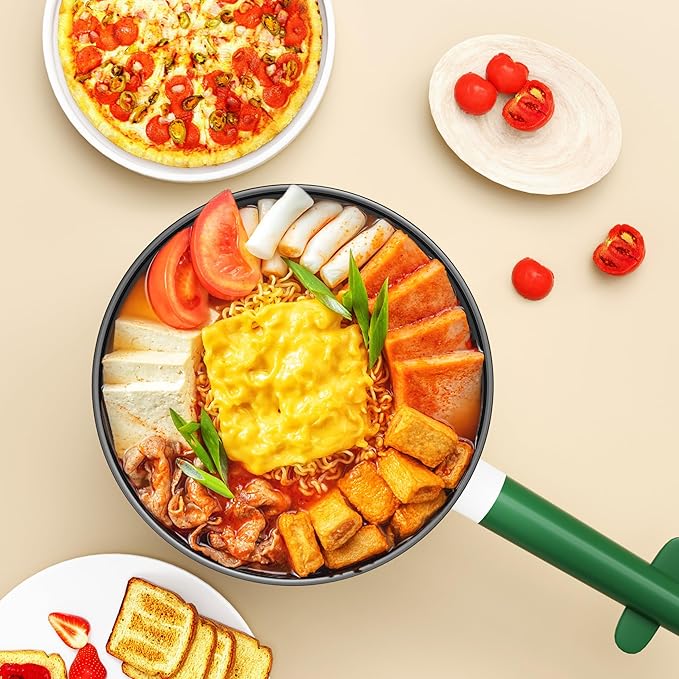 Electric Hot Pot with Steamer, Portable Nonstick Frying Pan with Dual Power Control, Electric Shabu Shabu Cooker for Noodle, Oatmeal, Pasta, Ramen, 1.5L (Green D)