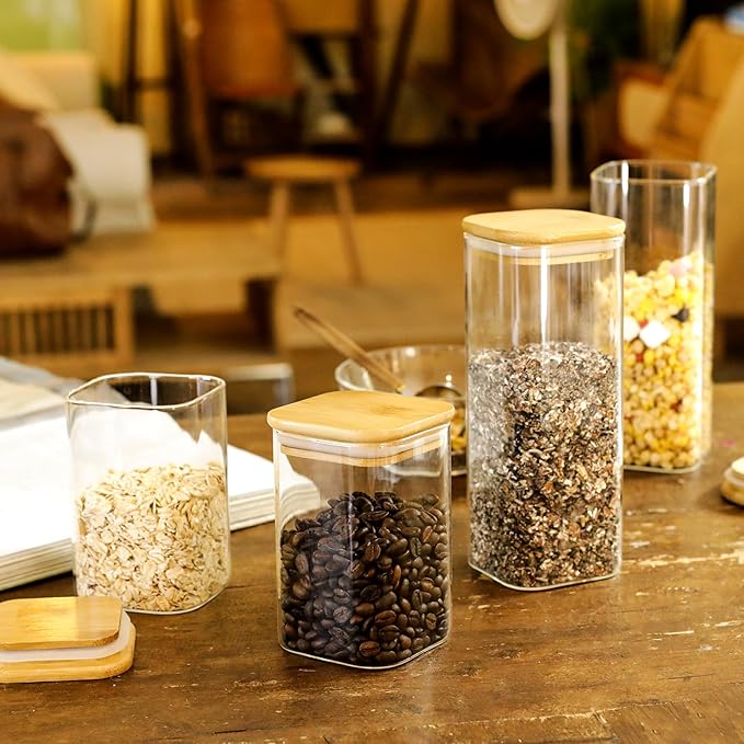 LIBWYS 12-Pack Square Glass Storage Jars with Bamboo Lids (0.6Qt/1.06Qt) - Stackable Food Containers for Pantry Organization, Coffee, Flour, Snacks, Tea | Kitchen Canisters Set