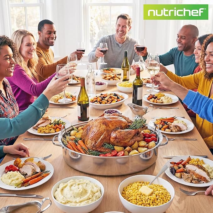 NutriChef 20" Oval Roasting Pan with Rack and Lid - Premium Stainless Steel Roaster Dish w/ Wide Handles & Removable Rack, Multi-Use Cookware for Turkey, Chicken, Stews, & More - Dishwasher Safe