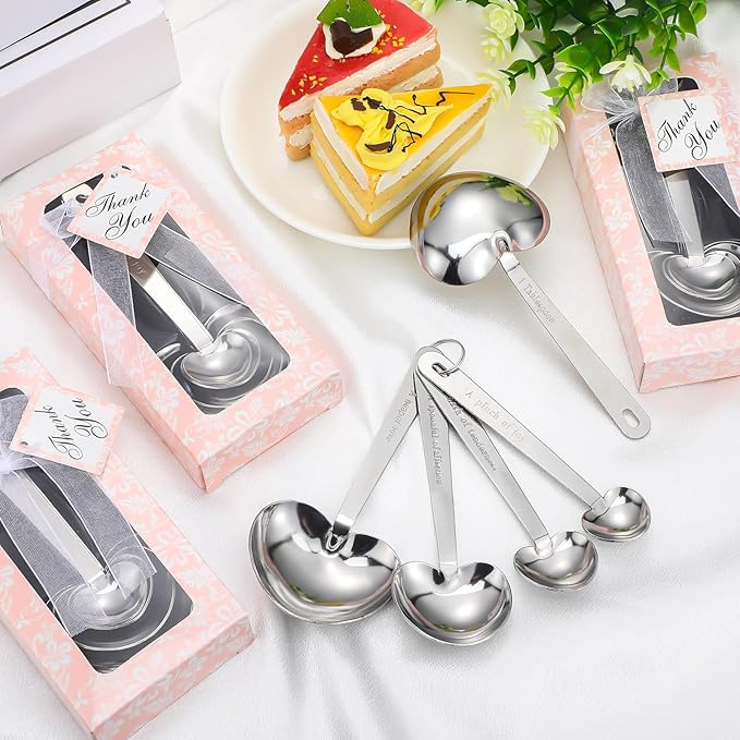 25 Set Pink Heart Shaped Measuring Spoons Stainless Steel Measure Tea Spoons for Bridal Shower Wedding Gift Birthday Tea Party Souvenirs for Guests with Individual Package (Elegant)