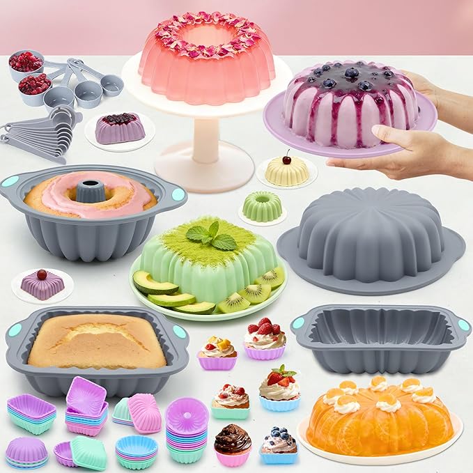 To encounter 69 Pieces Silicone Baking Set, Non-Stick Bakeware Set with Cake Pans, Muffin Cups, Food Grade Silicone Baking Molds for Cakes, Bread, Muffins, Brownies, Light Grey