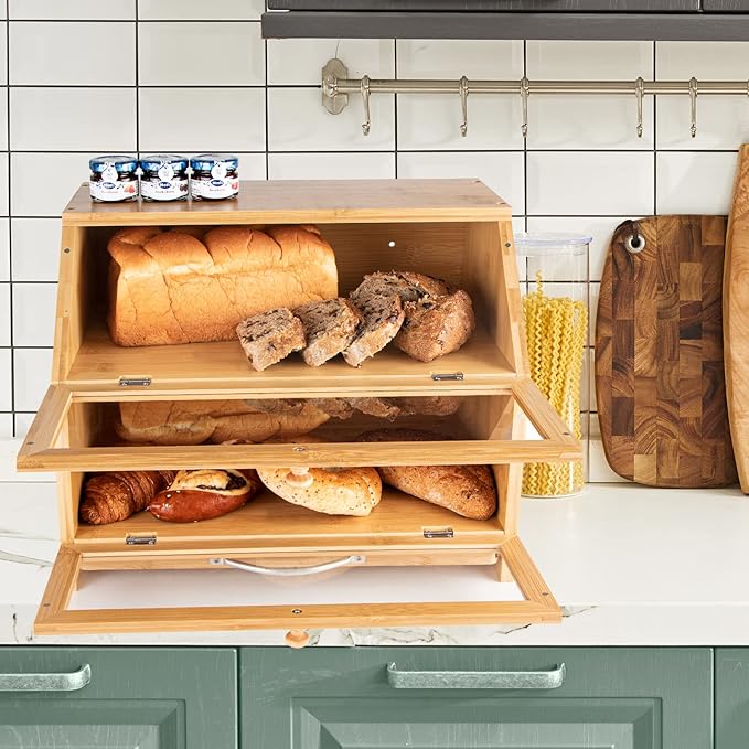 MAISONPEX Double Layer Bamboo Bread Box for Kitchen Countertop, Cutting Board, and Stainless Steel Bread Knife, Large Capacity Storage Container with Clear Windows (Self-Assembly)