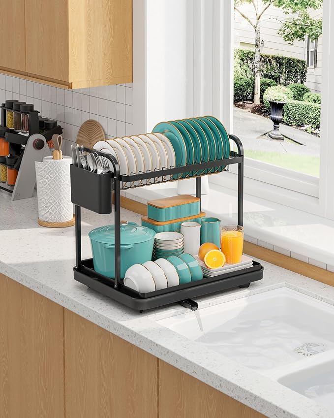 Sakugi 2-Tier Dish Drying Rack - Stainless Steel Dish Rack with Cutlery & Utensil Holders for Kitchen Counter, Sink Organization and Storage for Small Family, 15" W x 11.4" L x 15" H, Black