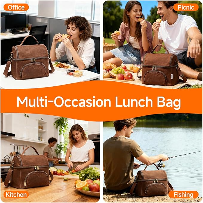 Lunch Box with Ice Packs, Waxed Canvas Lunch Bag for Men, 10.5L Leakproof Insulated Lunch Cooler for Men Work, Dual Compartment Soft Cooler for Work, Camping, Beach & Road Trips