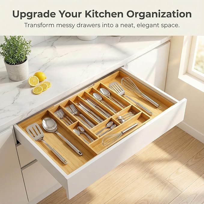 Expandable Kitchen Organizer – Adjustable 33” Wide Utensil Kitchen Drawer with 11 Compartments, Natural Solid Bamboo Construction for Flatware