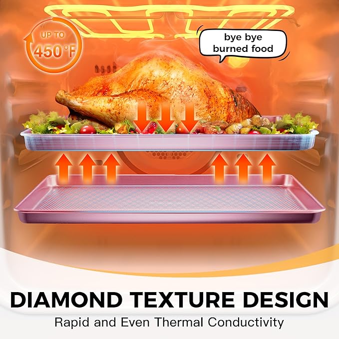 HONGBAKE 9-Piece Baking Pans Set Nonstick, Stackable Non Toxic Bakeware Sets with Diamond Texture, Oven Pan Set for Cooking, Includes Cookie Sheet with Rack, Cake Pan, Roasting Pan, Muffin Tin, Pink