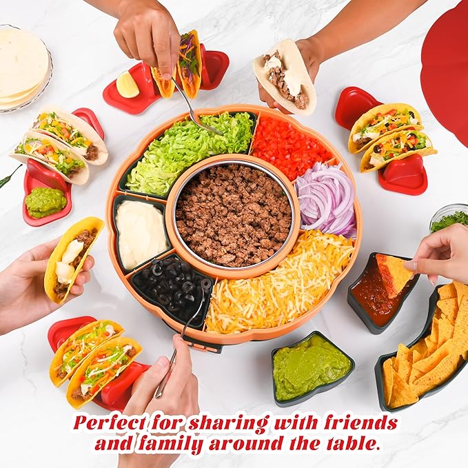 Taco Tuesday Kit - Taco Bar Serving Set for a Party with 33oz Heated Pot, 4 Taco Holders, Detachable Lazy Susan Tray, Perfect for Parties, Nachos Taco Night Fiesta Unique Couple & Housewarming Gift