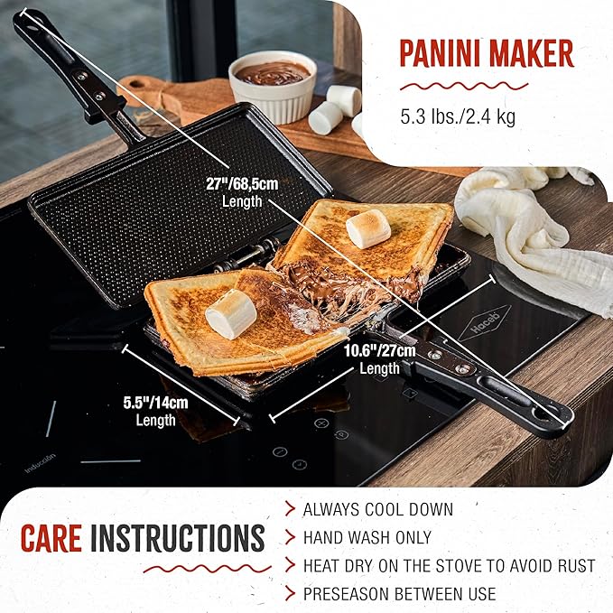 Victoria Cast Iron Panini Maker, Preseasoned Cast Iron Sandwich Maker and Pie Iron with Heat-Resistant Handle, Made in Colombia