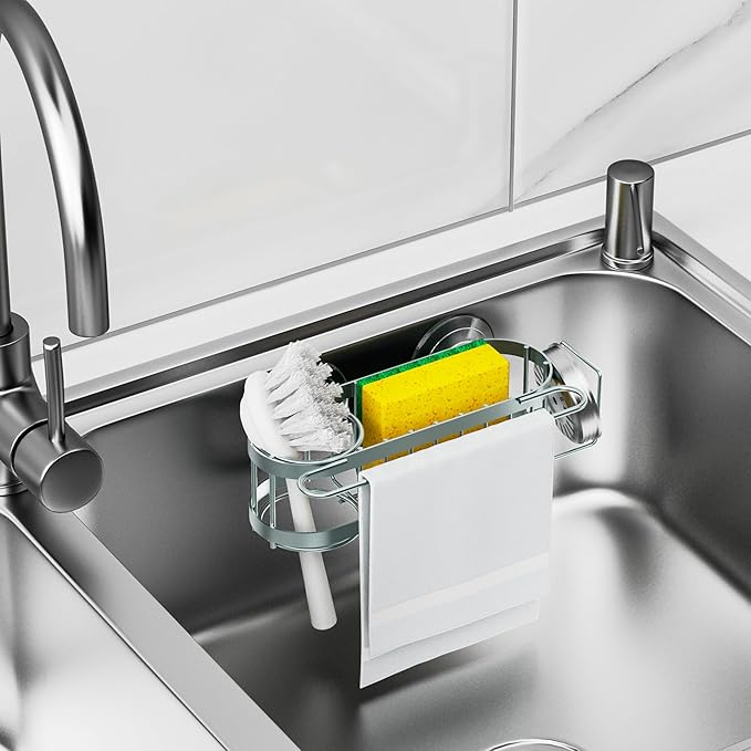Cisily Sage Green Kitchen Sink Caddy Sponge Holder in the Sink, Stainless Steel Kitchen Organizer, Brush Holder, Dish Cloth Hanger 2 Installation Ways (Suction & Adhesives
