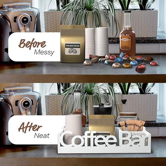 Coffee Bar Organizer for Countertop – Wooden Coffee Station Caddy with Compartments for Pods, Condiments, Tea, and Accessories – Home and Office Mini Coffee Station Organizer (White)