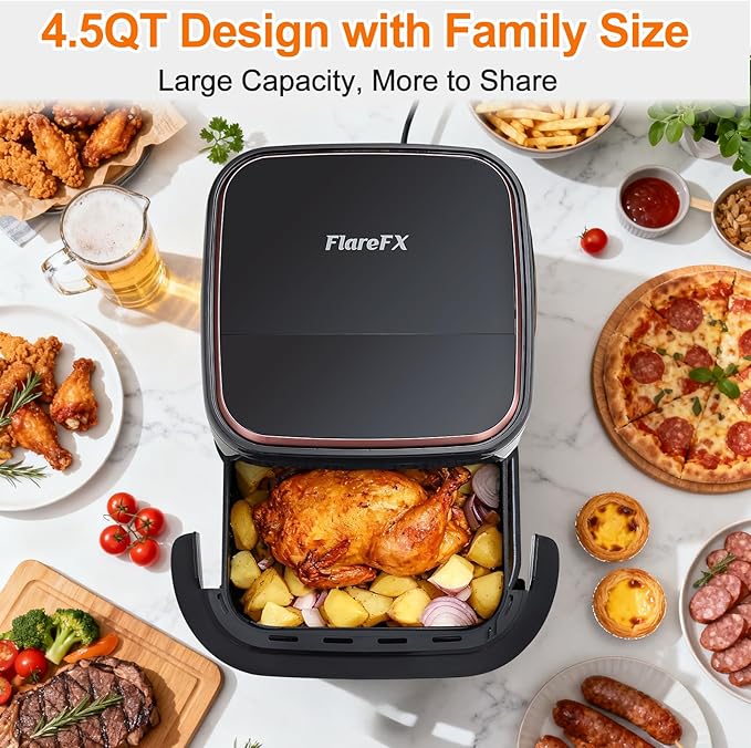 4.5QT Air Fryer Pizza Oven with 11 Presets, Air Fryers with Dual Heating & 360° Airflow | Viewing Window | Touch Display, Nonstick Airfryer for Roast, Bake, Dehydrate, Microwave, Reheat & More