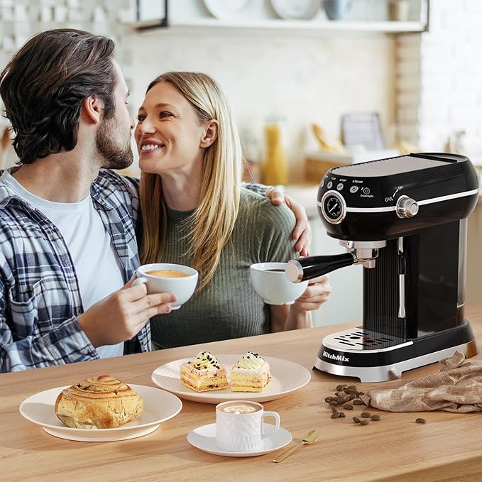 KITCHMIX Espresso Machine with Milk Frother ,20 Bar Stainless Steel Espresso Maker with Milk Frother Steam Wand, Espresso Coffee Machine with Removable Water Tank (Black)