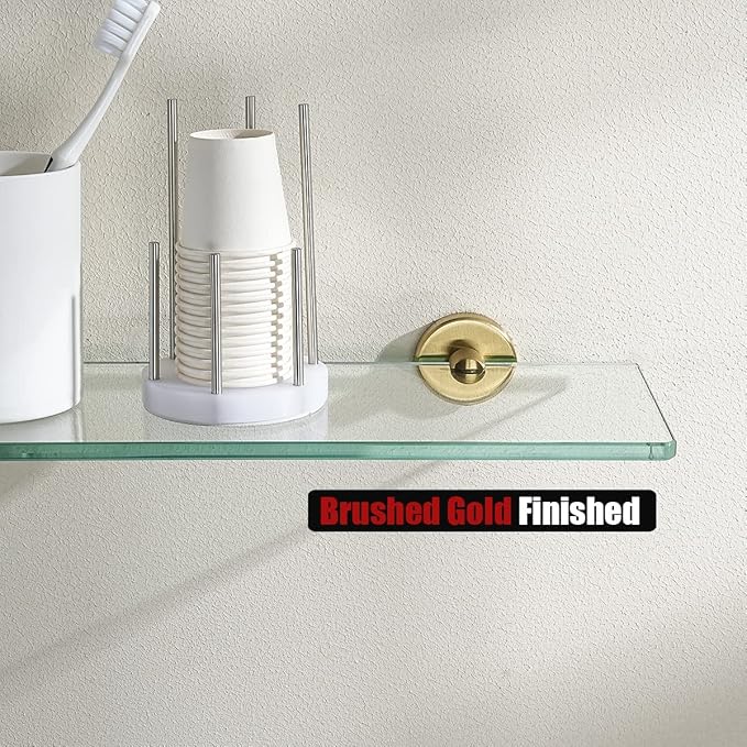 JQK Bathroom Glass Shelf Gold, Tempered Glass Shower Storage 24 by 5 inches, 304 Stainless Steel Brushed Gold Wall Mount, TGS101L24-BG