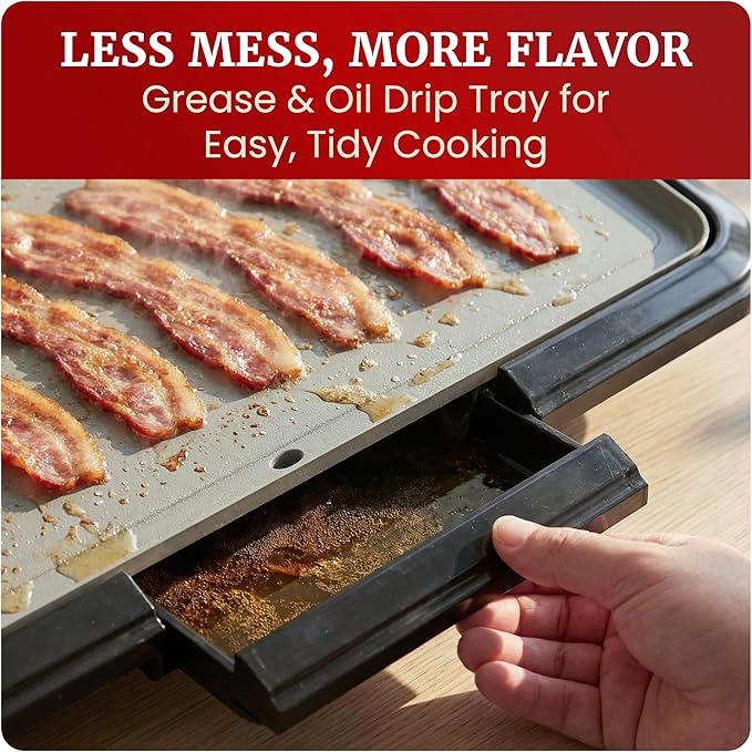 Elite Gourmet 10" x 20", Electric Griddle, Large PFAS-Free Ceralast™ Ceramic Non-Stick Surface Cool-touch Handles, Removable/Adjustable Thermostat, Easy to Clean Removable Grease Tray, Black/Grey
