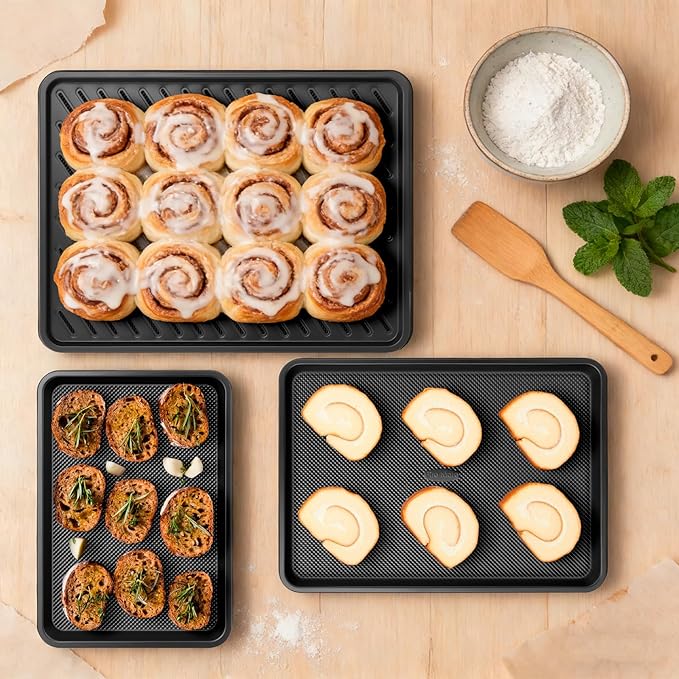 Nonstick Cookie Sheets for Baking with Cooling Rack Set of 4, 0.8mm Thick Heavy Duty Baking Sheets for Oven, Half/Quarter/Jelly Roll Pans Oven Trays, Baking Pan Set with Diamond Texture