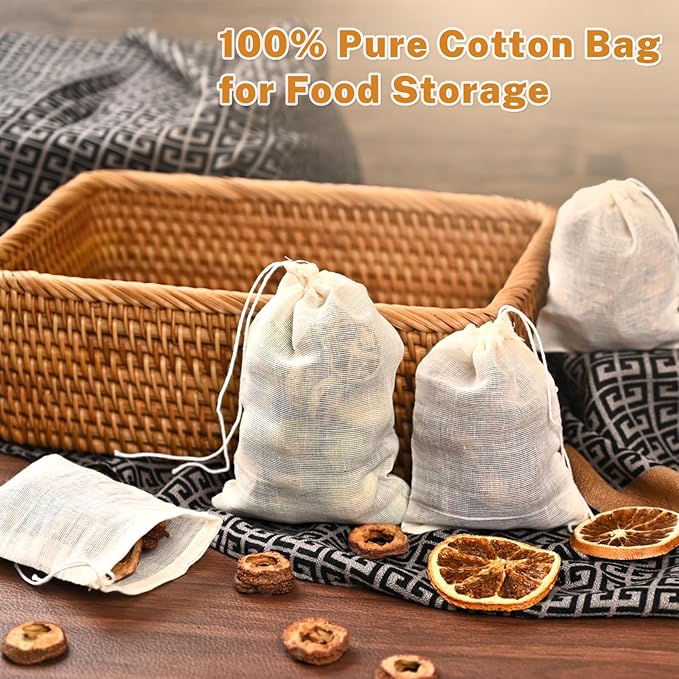20 Pcs Muslin Bags with Drawstring, Reusable Tea Bags, Spice Bags for Cooking Soup/Herb/Loose Leaf Tea, Natural Cotton Cheese Cloth Bag for Straining, Sachet Bags Empty, 6 x 4 Inches