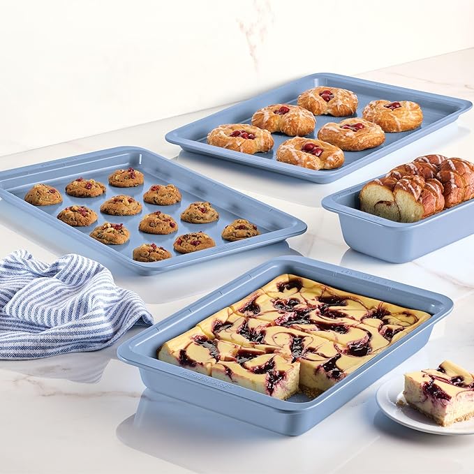Farberware Easy Solutions Nonstick Baking Set, Includes Cookie Pans, Loaf Pan, and Cake Pan with Portion Marks, 4 Piece, Non Stick Bakeware Set - Blue