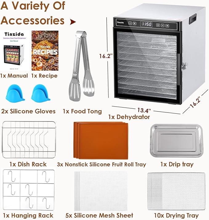 Food Dehydrator Machine For Jerky, Meat, Dog Treats, Herb, Vegetables, Fruit Dryer, 10 Stainless Steel Trays, 24H Timer, 194ºF Temperature Control, Safety Over-Heat Protection