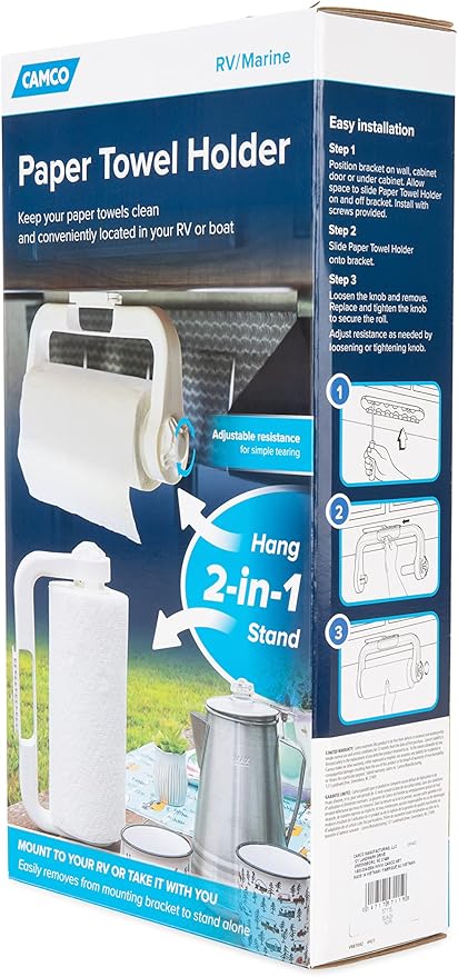 Camco Paper Towel Holder | Ideal for Compact Areas | Features Mountable Design and Adjustable Side Knob | Black (57115)