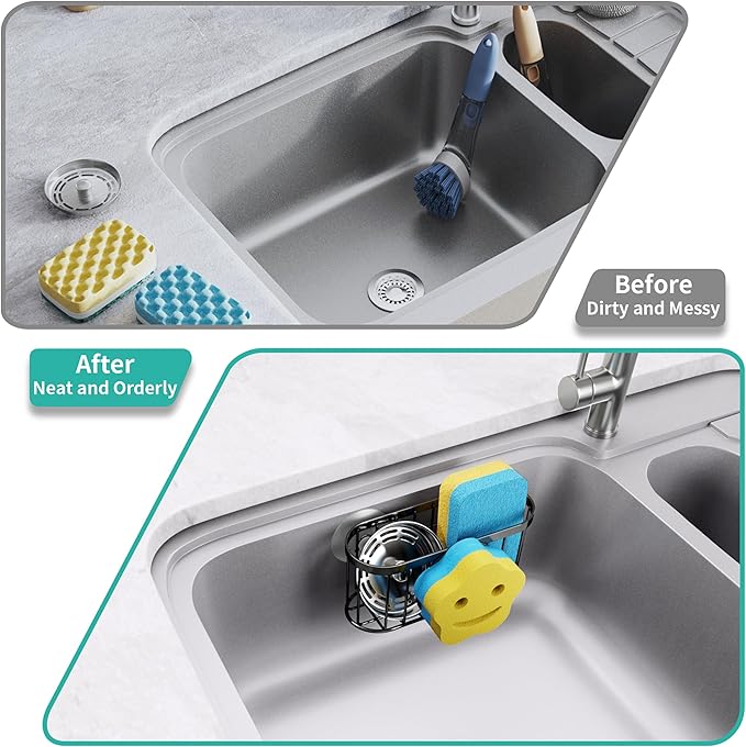 HapiRm Sink Caddy Sponge Holder - 2 Installation Ways Kitchen Sink Organizer with Smiley Face Sponge Holder, Stainless Steel Kitchen Caddy - Black
