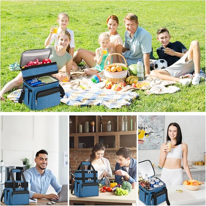 holuxer Insulated Lunch Bag & Lunch Box for Men - Double Deck Reusable Lunch Bag for Women Tote Cooler Bag Leakproof Soft Expandable - Extra Large Lunchbox for Work/Adult/Picnic/Outdoor (Blue,22L)