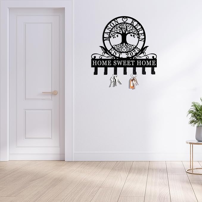 Personalized Tree of Life Key Holder for Wall Custom Key Rack with Hooks Key Hanger for Entryway Family Name Wall Decor Gift for Home