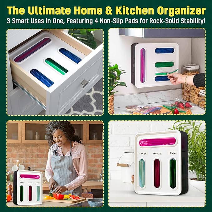 HIMUS Food Storage Bag Organizer - 4 in 1 Plastic Baggie Organizer for Drawer | Compatible with Sandwich, Snack, Gallon, Quart & Slider | Plastic Bag Organizers Kitchen Storage| Wall & Drawer Mount