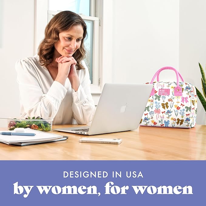 Fit & Fresh Bloomington Lunch Bag for Women - Insulated Large Lunch Box for Work with Containers, Leak-Resistant, Stain-Resistant, Zipper Closure, Color Bows & Flowers