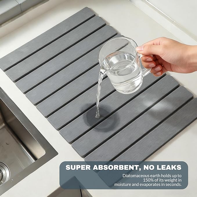 Large Stone Dish Drying Mats for Kitchen Counter , Quick Dry Absorbent Collapsible Dish Drying Mat With Rubber Sole, 23.4”(L)x15.4”(W) Diatomaceous Earth Mats for Dishes Bottles Cups