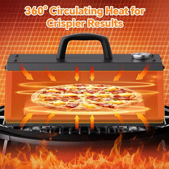Pizza Oven for Grill, Grill Top Pizza Oven Kit with 12-inch Pizza Stone, Foldable Pizza Peel and Built-in Thermometer, Portable Outdoor Pizza Oven for Gas and Charcoal Grills