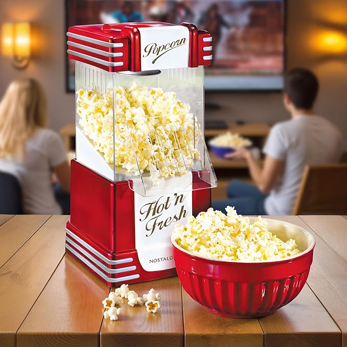 Nostalgia Retro Hot Air Popcorn Maker – 12 Cups Oil Free Popping – Countertop Machine with Measuring Cup – Healthy Snacks & Movie Nights – Red