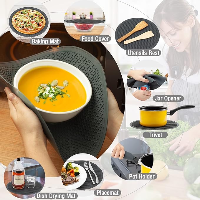 12"&10" Microwave food Cover and Mat,Large Vented Collapsible Splatter Guard dish Plate lid & Silicone Round Kitchen mat,4 in 1
