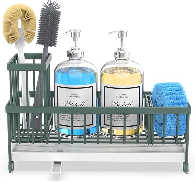 Moforoco Extra Large Sponge Holder for Kitchen Sink Organizer Caddy, Dish Brush Scrubber Holder,Stainless Steel Sink Box Utensil Holder,Soap Dispenser Set Tray Counter Accessories(Sage Green )
