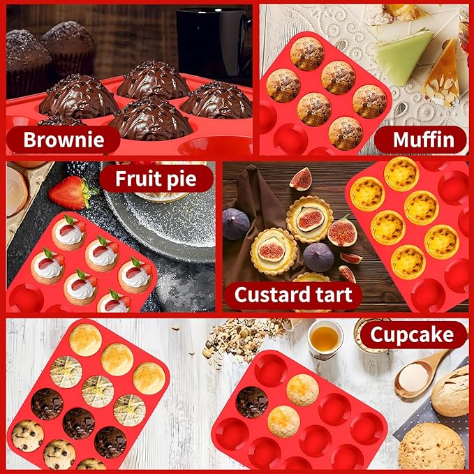 2PCS Thicken-12 Cup Silicone Muffin Pan - Cupcake Baking Pan Great for Making Muffin Cakes, Tart, Bread -Non - Stick Silicone Mold/Dishwasher - Microwave Safe