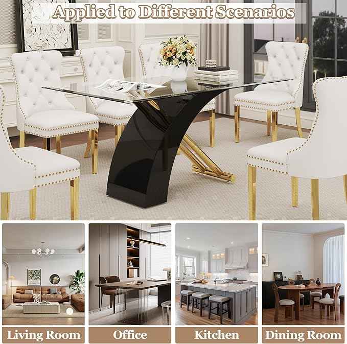 7 Piece Glass Dining Table Set for 6, 63" Modern Kitchen Table with 6 White Velvet Chairs, Tempered Glass Tabletop with Black X-Shaped MDF Base, Modern Dining Room Set for Kitchen and Dining Room