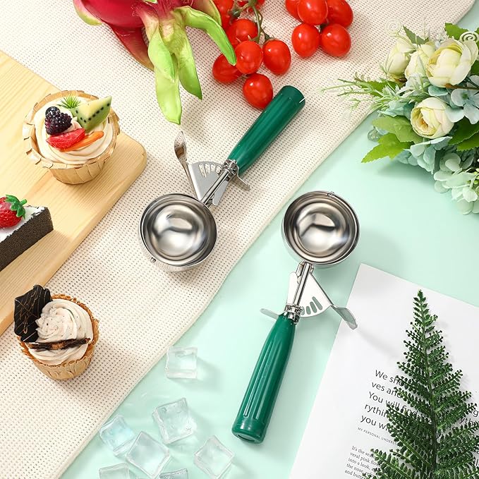 Reallnaive 2 Pcs Release Cookie Scoops Ice Cream Scooper with Trigger Release Portion Scoop Stainless Steel for Portion Control, Baking Food, Cookie Dough (3.25 oz,Green)