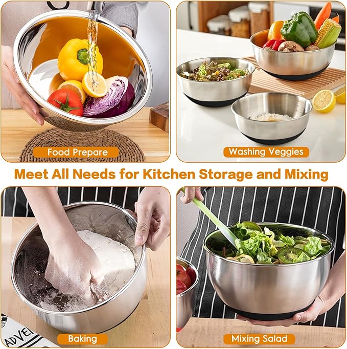 CHAREADA Mixing Bowls with Airtight Lids, 18pcs Stainless Steel Nesting Colorful Mixing Bowls Set Non-slip Silicone Bottom, Size 4.5, 3.6, 2.7, 2.1, 1.7, 1.1, 0.7 qt, Fit for Mixing & Serving (Black)