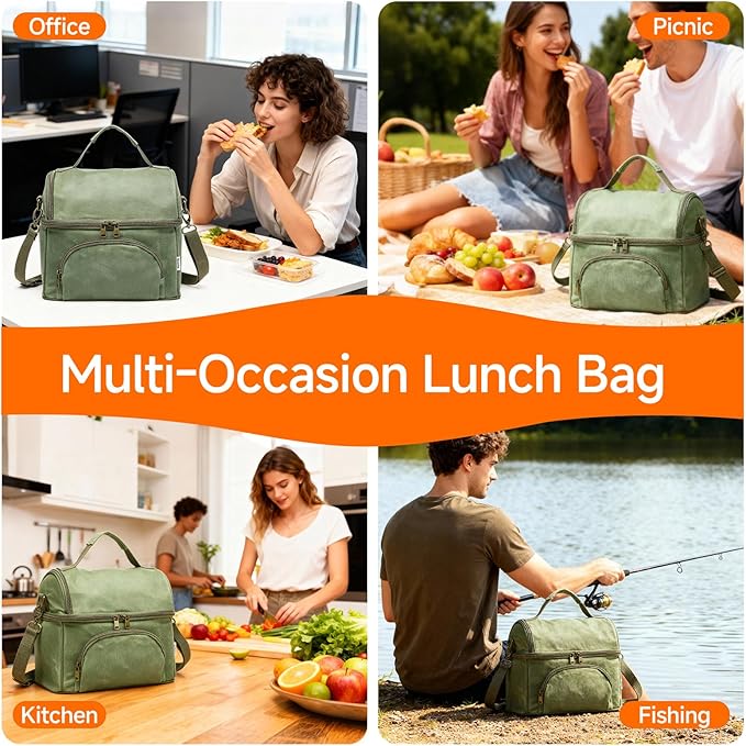 Lunch Box with Ice Packs, Waxed Canvas Lunch Bag for Men, 10.5L Leakproof Insulated Lunch Cooler for Men Work, Dual Compartment Soft Cooler for Work, Camping, Beach & Road Trips