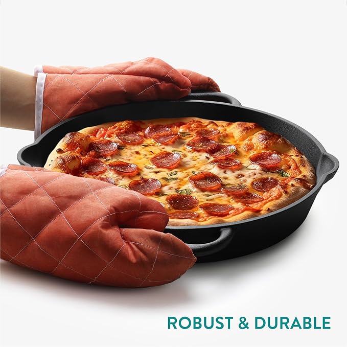 Navaris Cast Iron Skillet - 12"(30cm) Pre-Seasoned Frying Pan with Double Handles, Pour Spouts, for Oven, Stovetop, Grill & Campfire, Non-Toxic, Heavy-Duty, Even-Heating Cookware